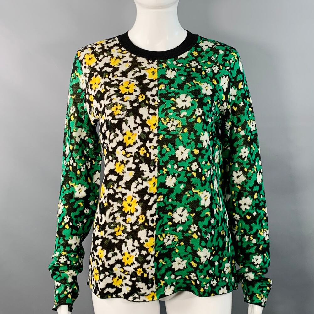 PROENZA SCHOULER Size M Black Green White Silk Color Block Floral Pullover
